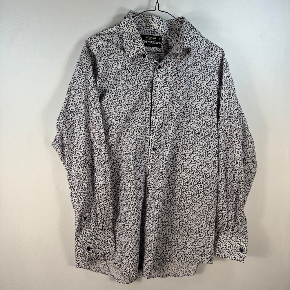 Murano Mens Floral Button Down Shirt White Purple Stretch Long Sleeve 16.5 33